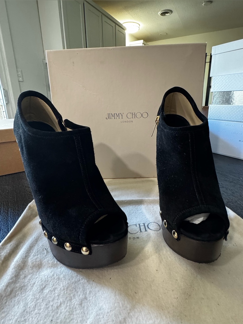 Jimmy Choo Suede Platform Peep Toe Booties Heels Size 37.5